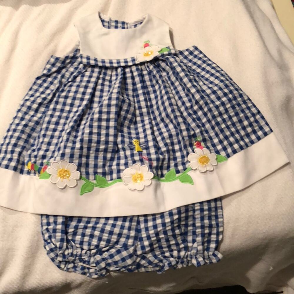 Blue white gingham daisy outfit 2t NWOT